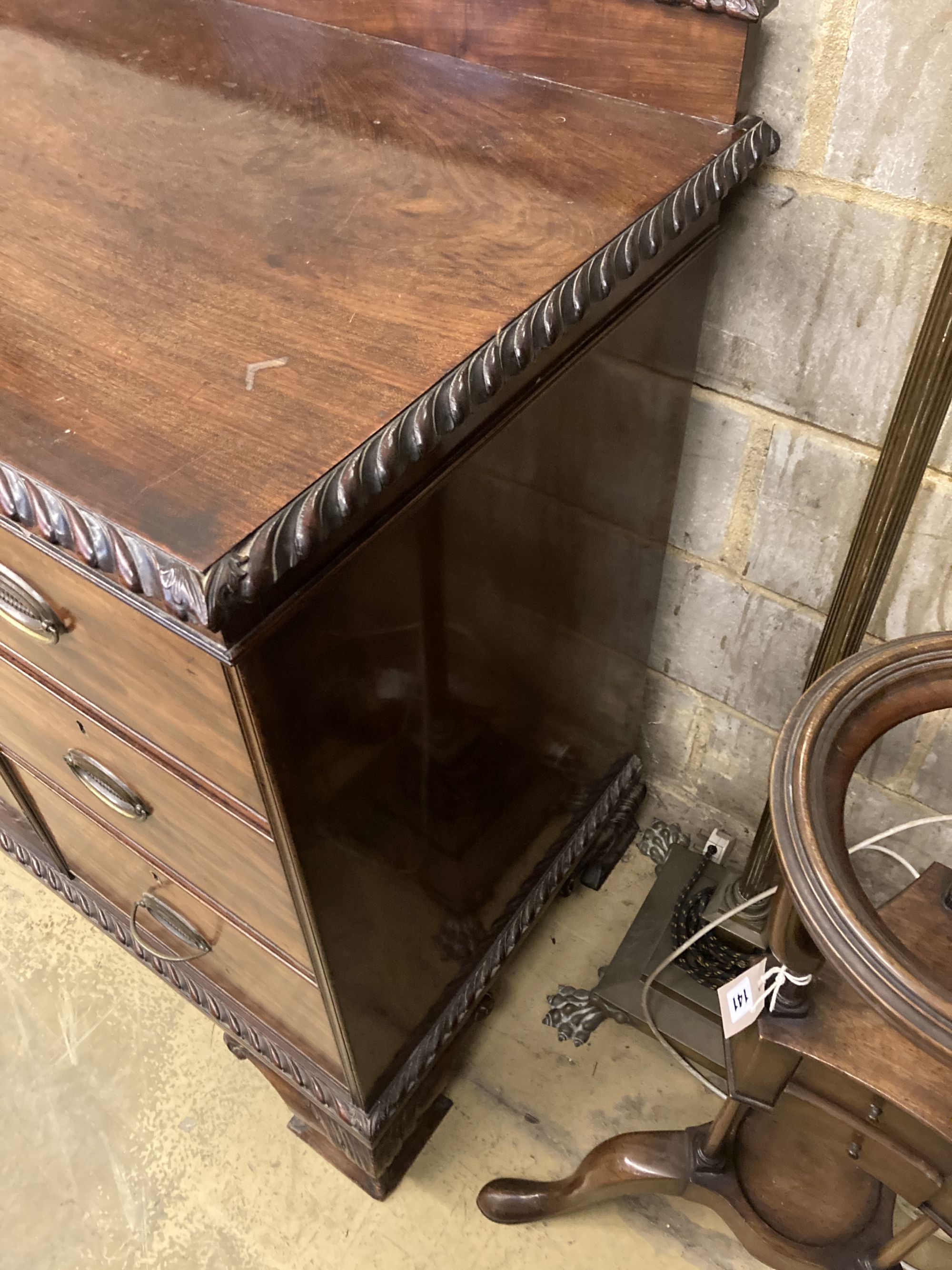 A late 19th/early 20th century Chippendale revival mahogany buffet, length 220cm, depth 61cm, height 100cm